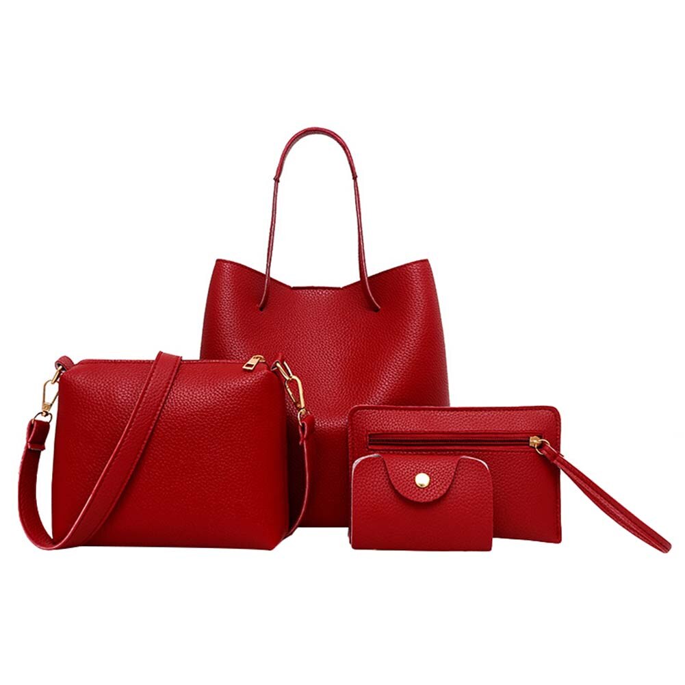 4 Uds conjunto monederos y bolsos de mano de cuero de la PU de rayas bolsos de hombro para las mujeres de mango superior bolsas mujer hombro Bagr embrague: Wine Red