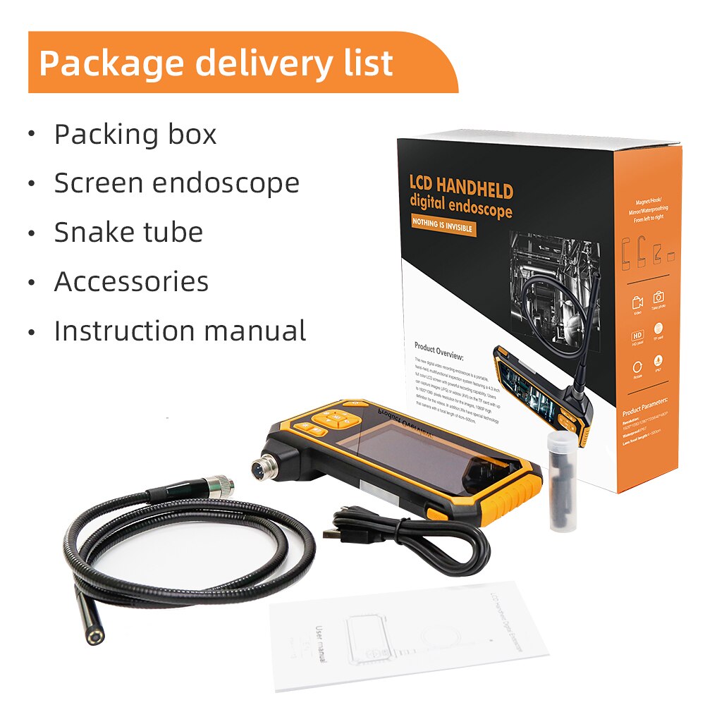 Industrial Inspection endoscope hd camera 1080p dual lens 4.3inch Screen IP67 Waterproof Industrial Borescope LED lights 1700mAh