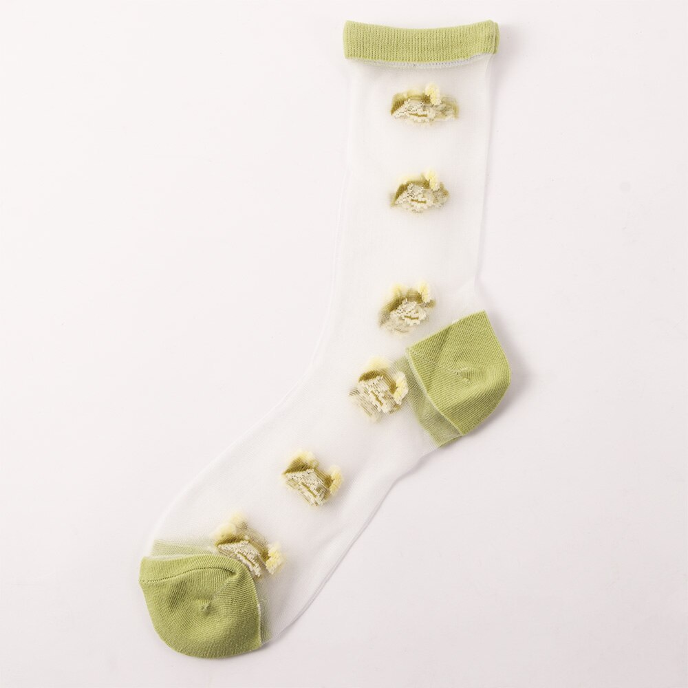 Ventilerande bomull sommar söt söt blomma strumpor nylon genomskinliga strumpor glas siden strumpor: Grön