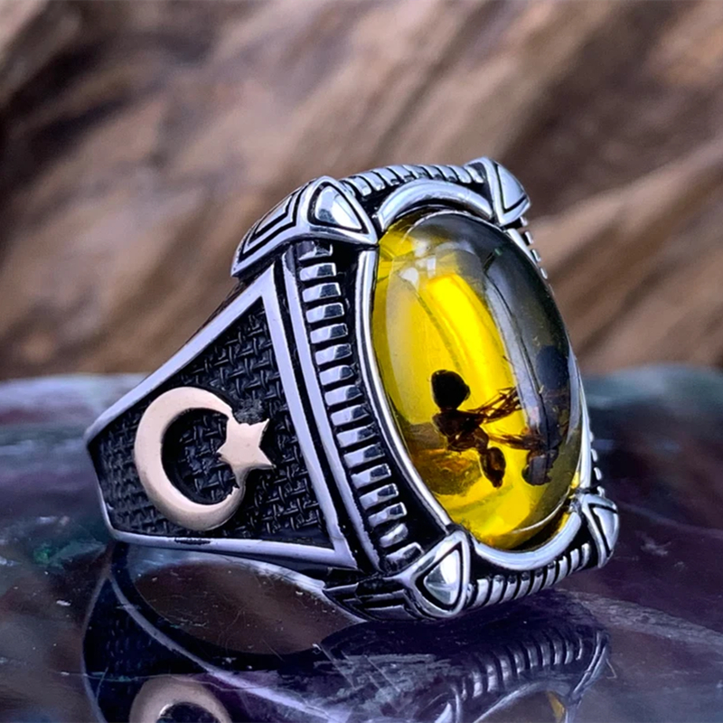 Vintage Grote Ovale Natuurlijke Agaat Ringen Heren Vintage Ingelegd Geel Amber Mier Ringen Voor Bruiloft Sieraden