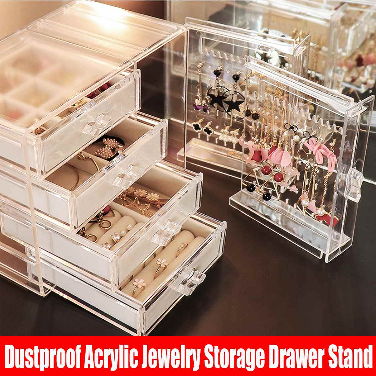 4 schichten Acryl Schmuck Lagerung Box Schublade + 2 Ohrringe Display Stand Rack Halskette Armband Ring Organizer Fall Staubdicht