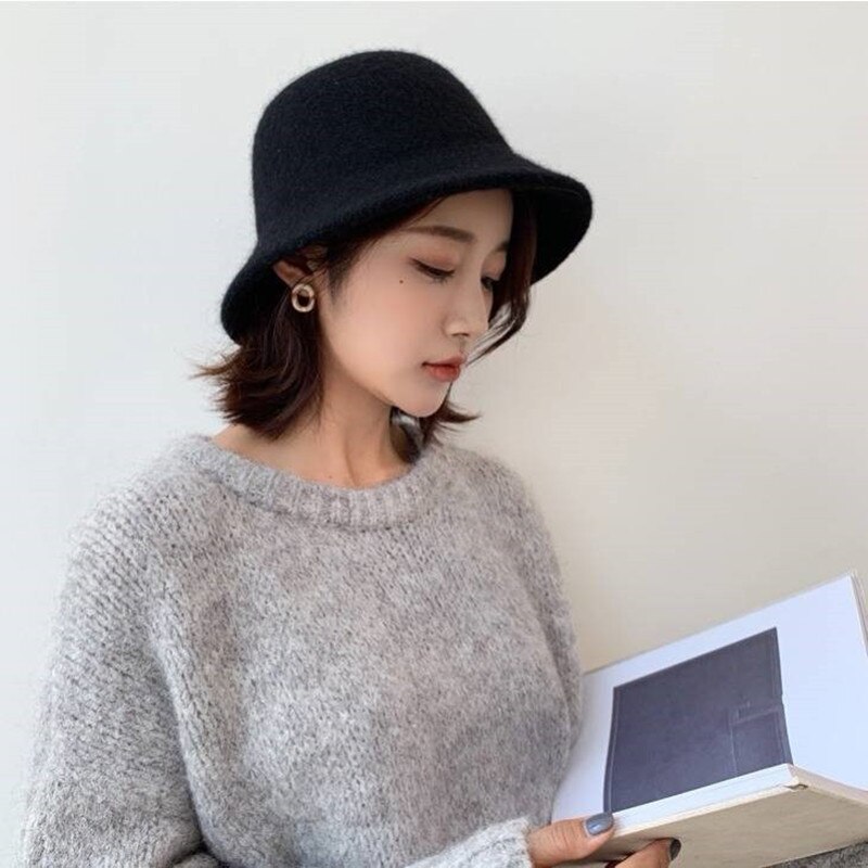 Gorro de lana tipo Bucket para mujer, sombrero de pescador Vintage, versátil, 6 colores, plegable, para otoño e invierno,