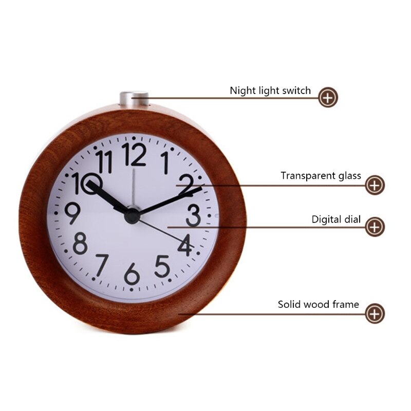 Round Wooden Desktop Alarm Clock with Night Light Simple Table Timing Equipment Digital Room Home Decor