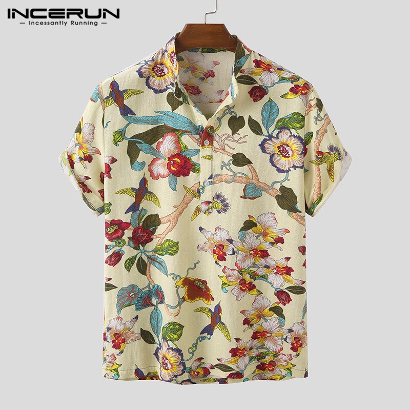 Menn sommer trykte skjorter kortermet camisa uformelt floral stativ krage blusas mann hawaiisk skjorter streetwear incerun 7