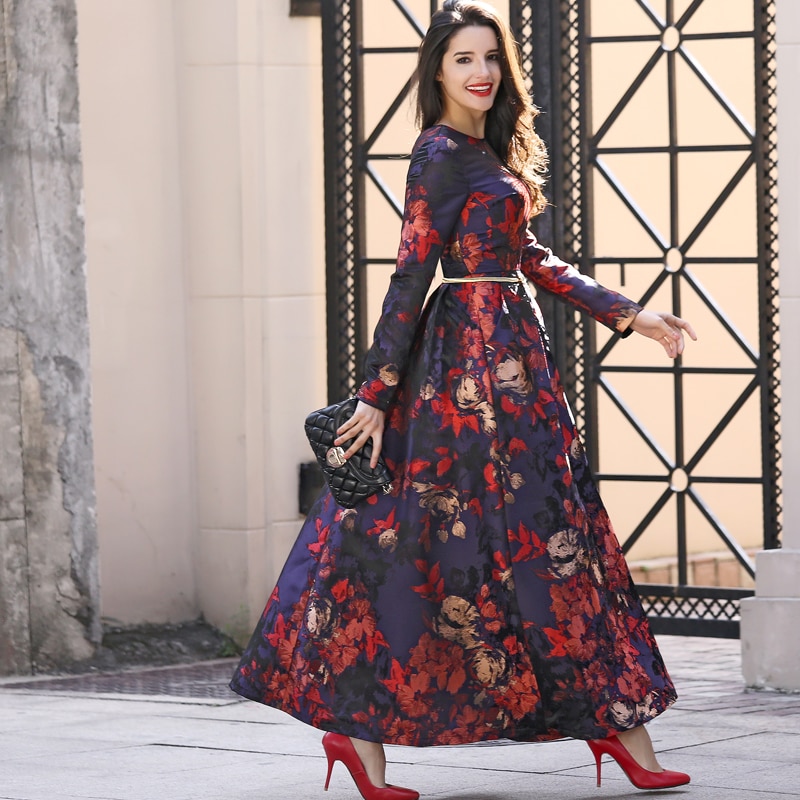 Plus Size Moslim Vrouwen Lange Mouw Lange Maxi Dubai Abaya Jurk Mode Bloemen Jacquard Jurk Fall Vintage S-4XL