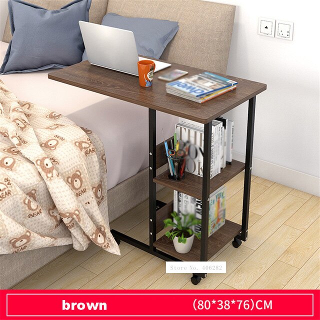 Mesa auxiliar con marco de acero para ordenador portátil, mesa pequeña de 2 capas con polea móvil, Simple y móvil: brown