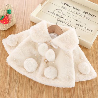 Peuter Winter Warme Kleding Solid-Kleur Brede Revers Lange Batwing Mouw Bontjas Met Pompon Parel Decoratie Meisje 0-4 Y