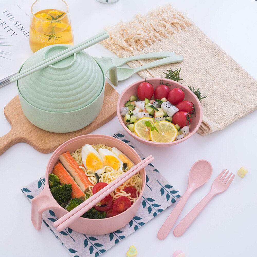 Ramen bol à nouilles instantanées avec poignée de couvercle, paille de blé , ensemble de couverts de cuisine, soupe salade riz bol micro-ondes
