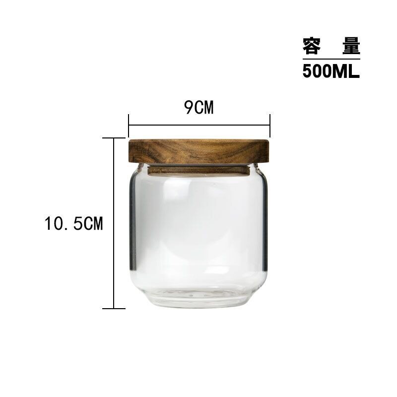 Storage tank Transparent lid glass sealed jar acacia wood lid glass storage tank vacuum candy food storage container: 500 ml