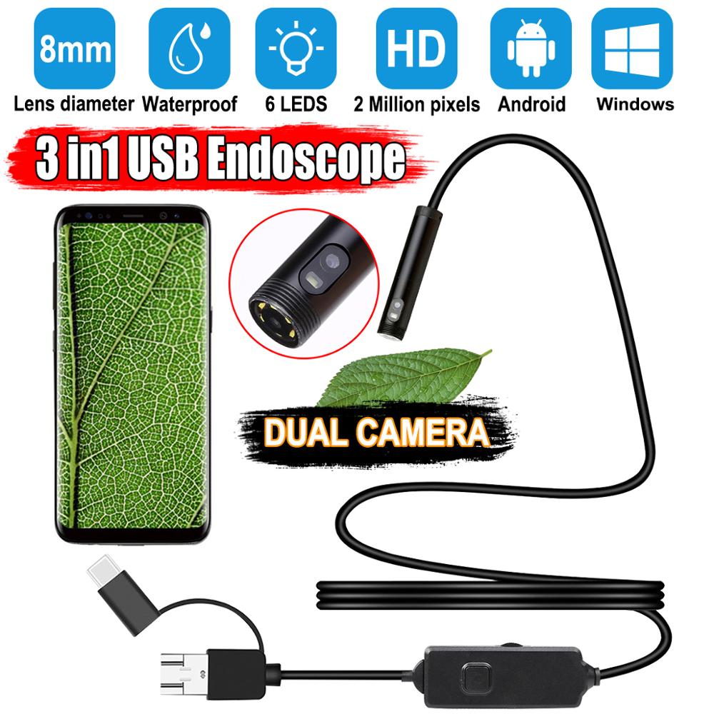 Dual 8Mm Lens Hd Mini Android Endoscoop Camera Waterdicht IP67 Hoofd Met Nachtlampje Voor Telefoon Tablet & Windows pc Endoscoop