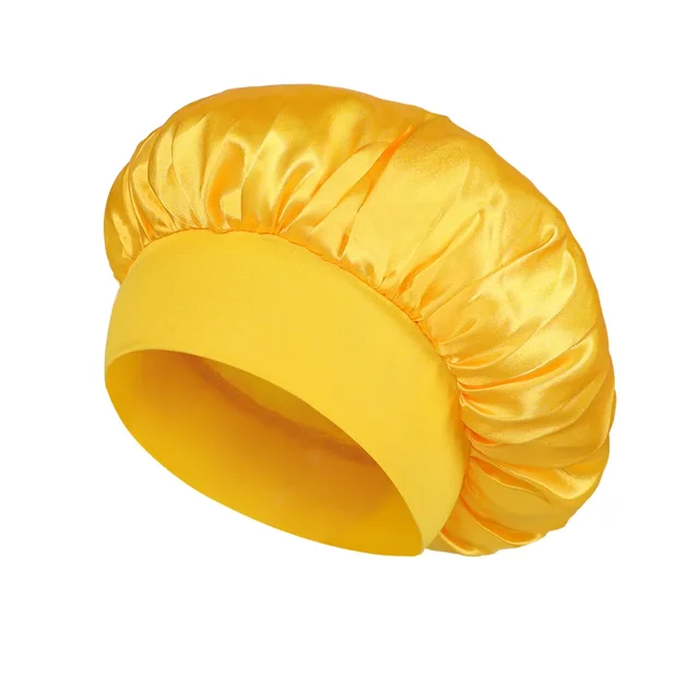 Women Satin Bonnet Hair Bonnet for Sleeping Hair Care Silk Bonnets Solid Wide-brimmed Sleeping Hat with Elastic Soft Band: Yellow