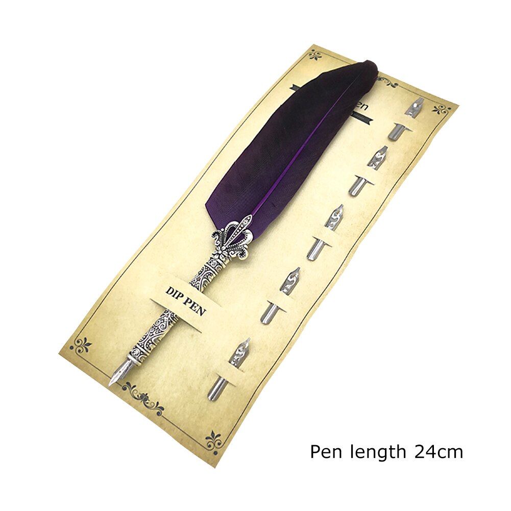 Calligraphy Feather Dip Pens Fountain Pen Retro with 5 Nib Writing Ink Quill Art for School Office Work Ornaments: Purple