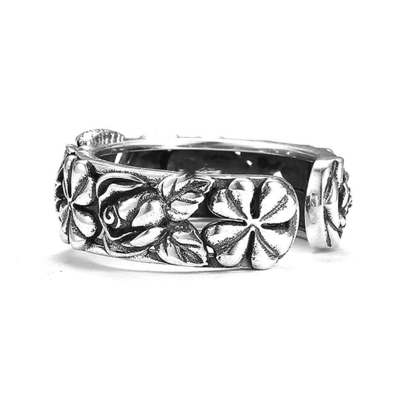 Anello di apertura vintage con quadrifoglio a quattro foglie rosa Accessori per dita maschili Anello retrò Gioielli in argento 925 MenRing Open Szie