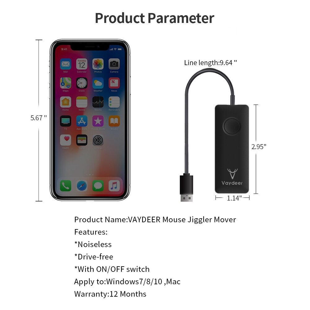 Vaydeer mouse jiggler mover usb-port drevfri med switch simulerer musebevægelse for at forhindre computeren i at gå i dvale