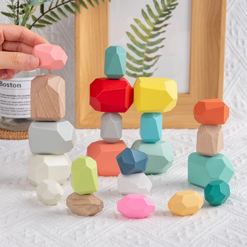 Kids Toy Wooden Colored Stone Jenga Building Block Educational Toys Warm Tone Cool Tone Log Color Rainbow Color Wooden Toy