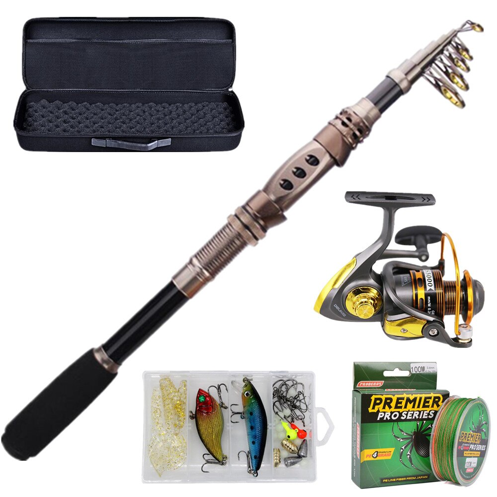 Fiskestang og snelle kombinasjoner karbonfiber teleskopfiskestang med snelle kombinasjon hav saltvann ferskvannssett fiskestangsett: 2.1m