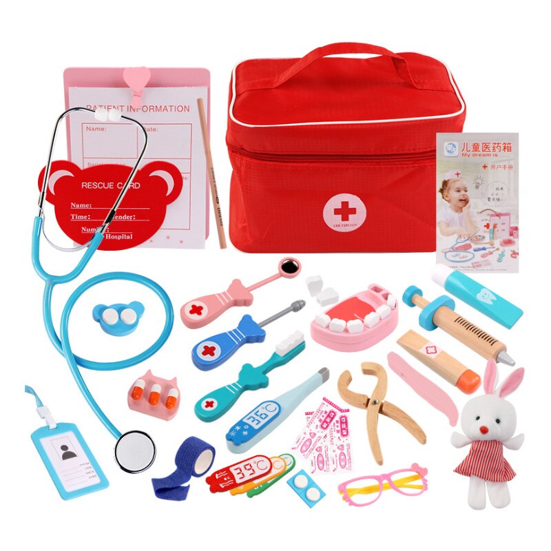 Kinderen doen alsof speelgoedset duurzame verpleegster injectie-instrument houten simulatie medicijndoos stevige koffer: Nr . .3