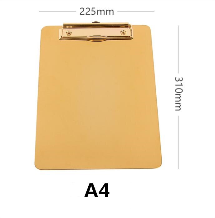1pc rustfrit stål top gyldent metal business  a4 mappe clipboard skrivebord dokument papir organizer clip tegnebræt: A4