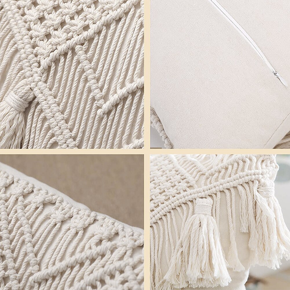 Housse de coussin décorative blanche pour canapé et banc, taie d&#39;oreiller carrée avec glands tissés, 45x45cm