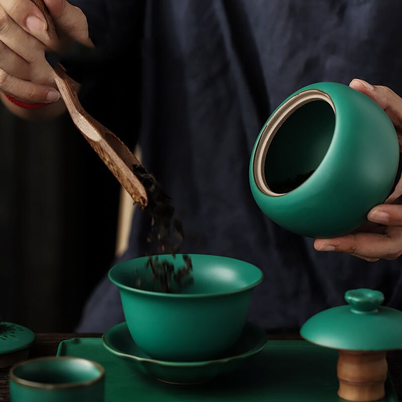 GREMBIULE Stile Giapponese Ceramica Grossolana tazza di Tè Vaso di Ceramica Verde Scuro Smalto Tè di Stoccaggio mini Portatile Vaso Sigillato Contenitori Di Stoccaggio