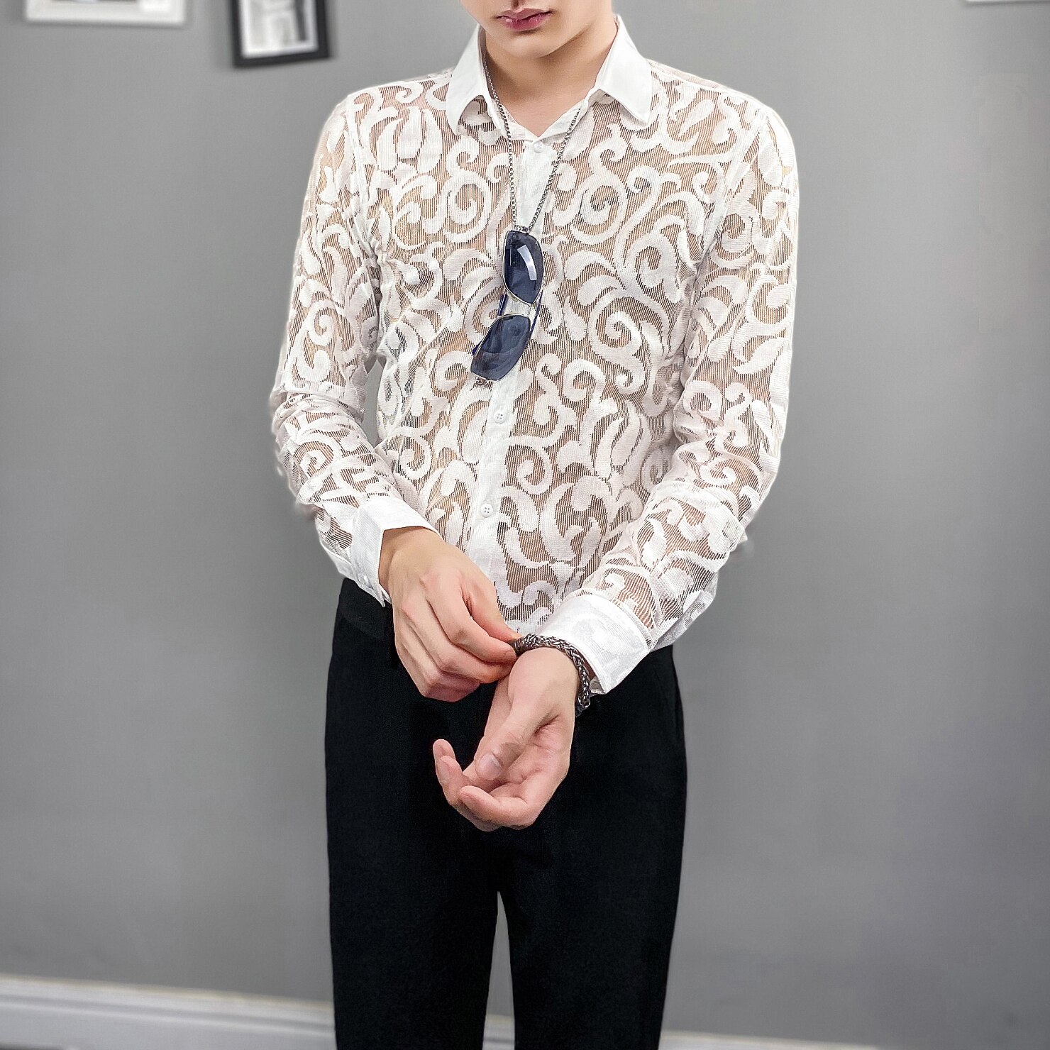 Autumn Sexy Transparent Lace Shirt Men Clothing 2022 Simple All Match Slim Fit Long Sleeve Club/Prom Tuxedo Chemise Homme