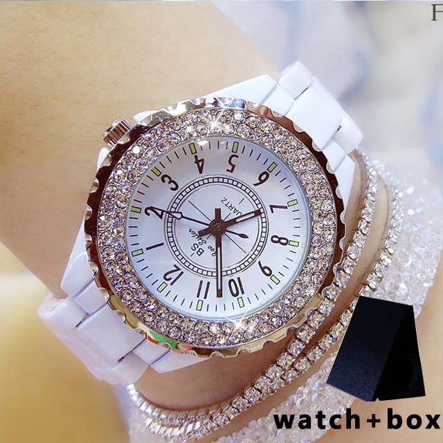 Bs Ceramic Watch Women Famous Brand Dress Female Wristwatch White Women Wrist Watches Rhinestone Clock