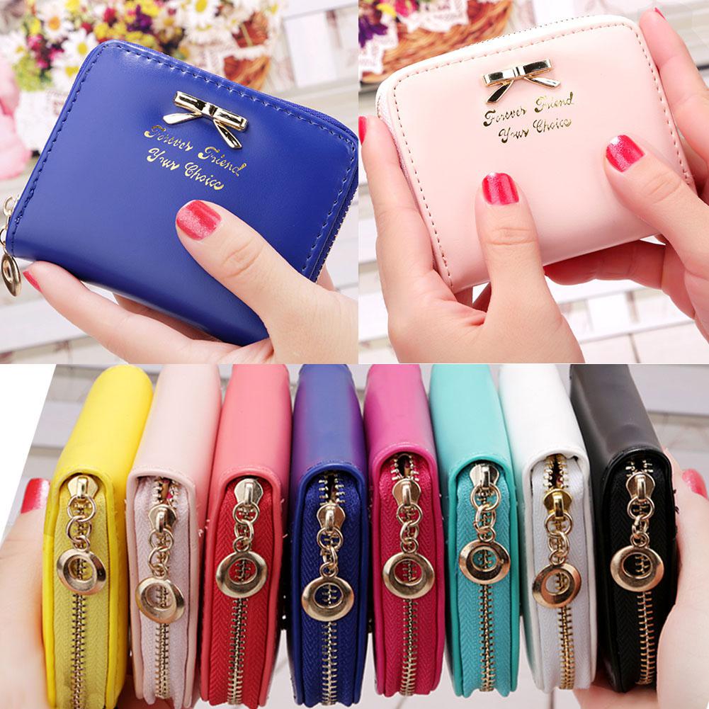 Carteras de Mujer Simple de estilo corto bolso de embrague Bowknot decoración cremallera bolso Delgado monedero de bolsillo tarjeteros ZK40