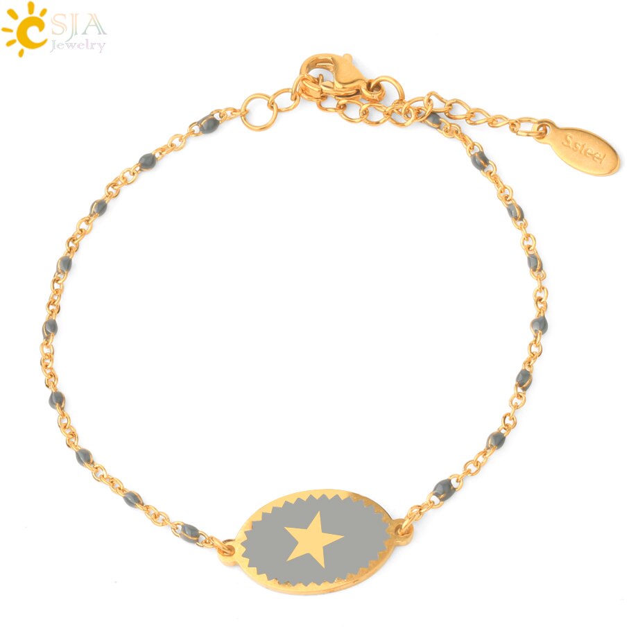 CSJA, pulsera de acero inoxidable para mujer, colgante de estrella esmaltada, cadena de eslabones de Color dorado con cuentas, delicado Delgado, pulseras Inoxydable Acier S718: Grey