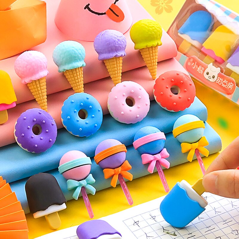 4 unids/pack lindo postre borrador conjunto encantador Lollipop helado Donuts de goma borrador de lápiz para los niños la fuente de la escuela