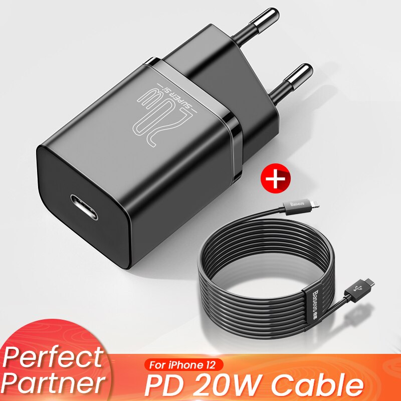 Baseus super  si 20w usb-c-ladegerät für iphone 12 pro max pd schnelllade-usb-c-reiseladegerät für iphone 12 mini: 20w schwarze bündel