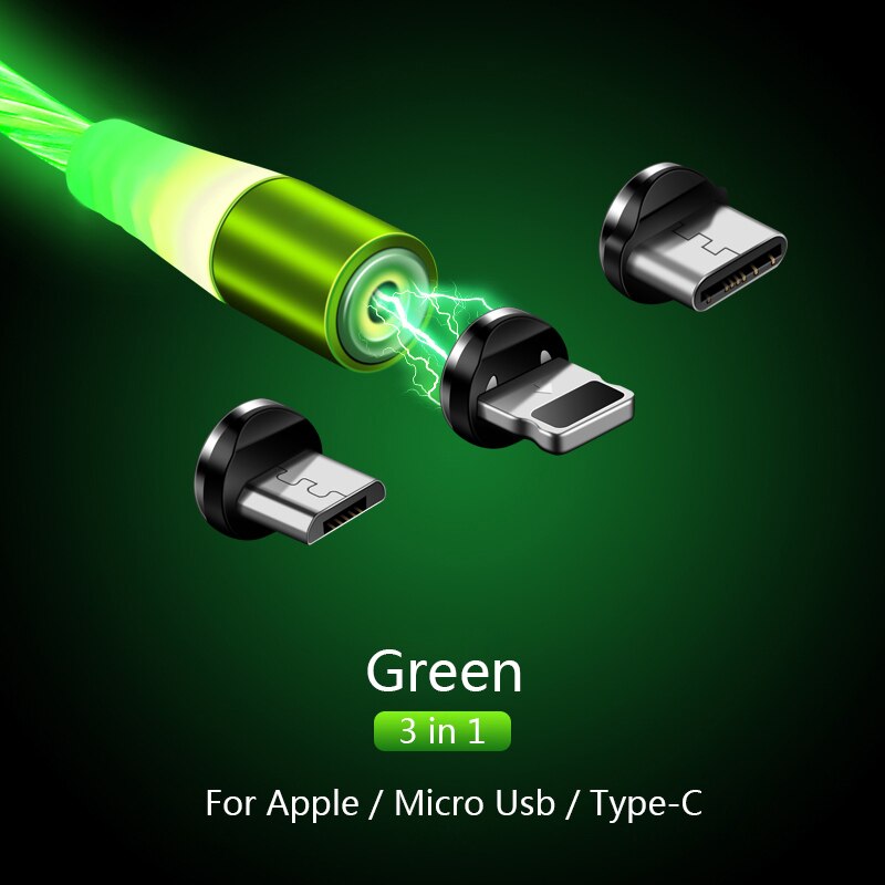 3 In 1 Magnetische Dans Led Licht Flash Kabel Micro Usb Type C Voor Iphone Verlichting Kabel Snel Opladen Draad voor Ipad Smart Phone: green