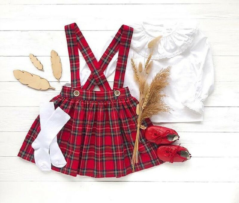 Christmas Newborn Kids Baby Girls Clothes Ruffle Top Plaid Strap Skirt Outfit