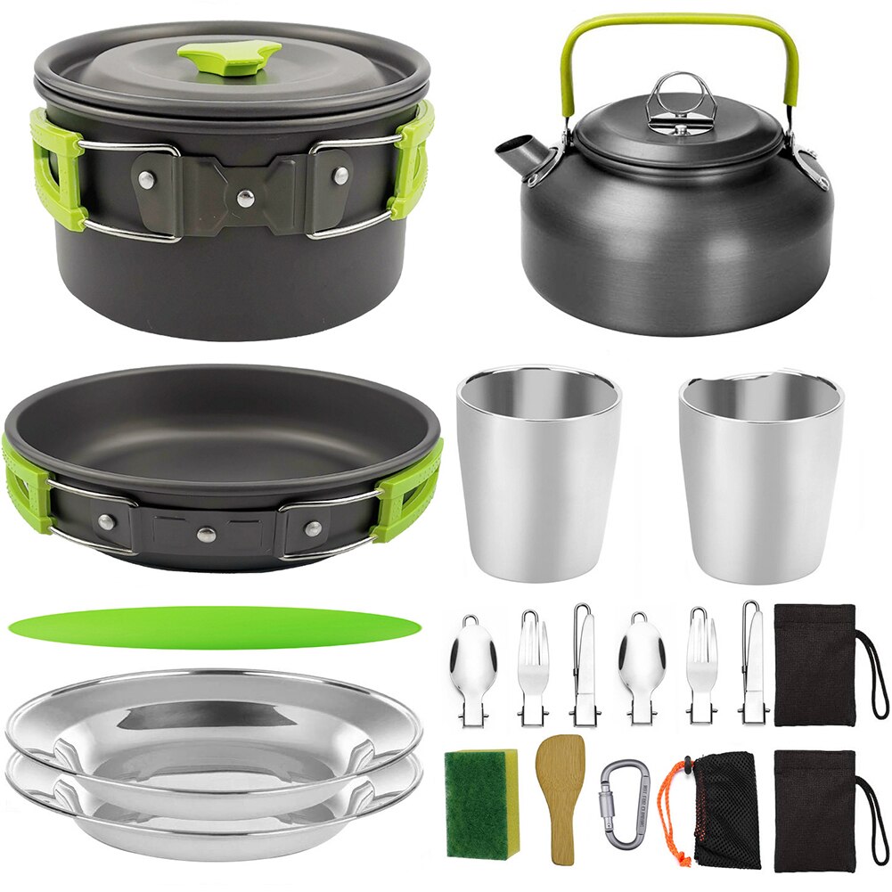 1 Set Outdoor Pots Pans Camping Barbecue Cookware Picnic Portable Lightweight Gear for Traveling Trekking Green set 20PCS: Green