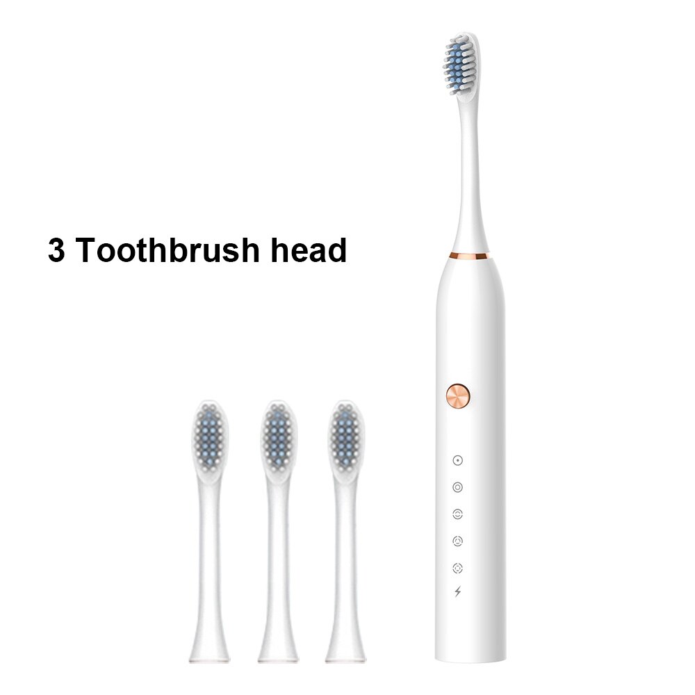 Powerful Ultrasonic Sonic Electric Toothbrush USB Rechargeable Toothbrush Adult Electronic Washable Whitening relax Teeth Brush: White 3 Heads