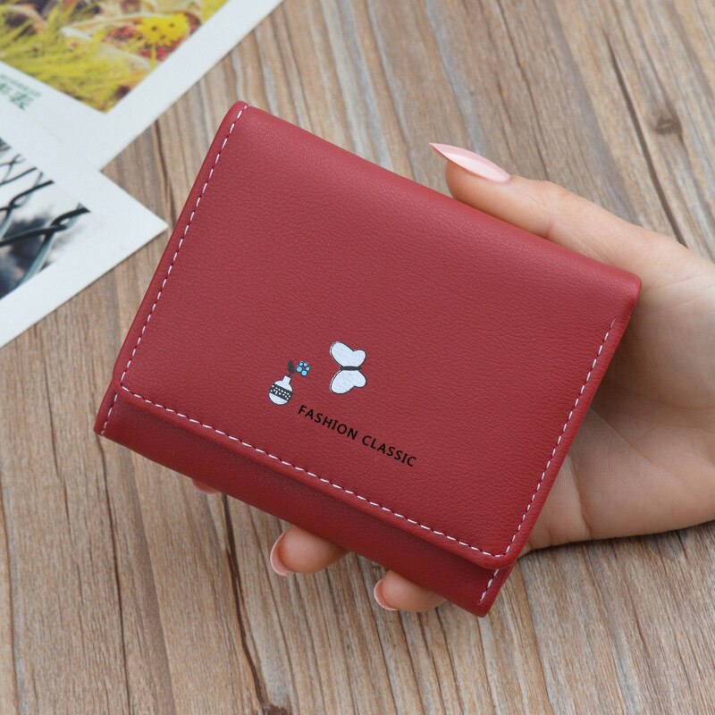 Portefeuille femme court Tri-fold porte-monnaie sac japonais coréen multi-fonctionnel cuir portefeuille filles porte-carte: Purplish Red