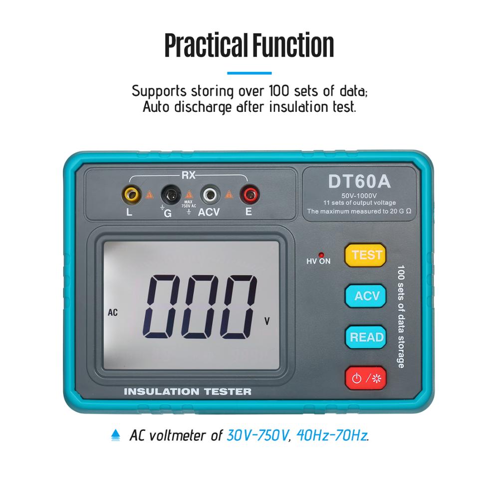 DT60A High Voltage Insulation Resistance Tester Battery Operated LED Digital Ohmmeter Megohmmeter Megger Megameter