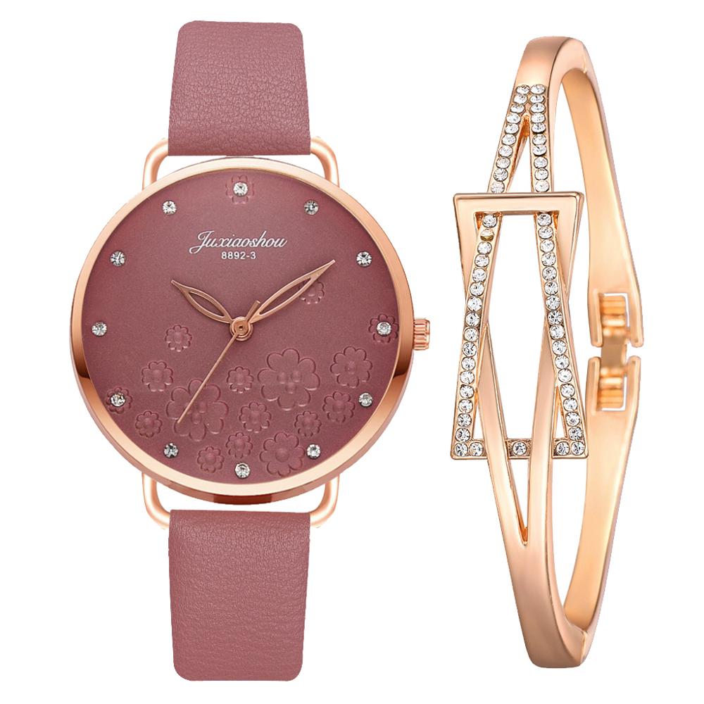 Frauen Diamant Uhr Blumen Runden Zifferblatt Armbinde Uhren einstellen Damen Leder Band Quarz Armbanduhr Weibliche Uhr Zegarek Damski: 2Stck Violett