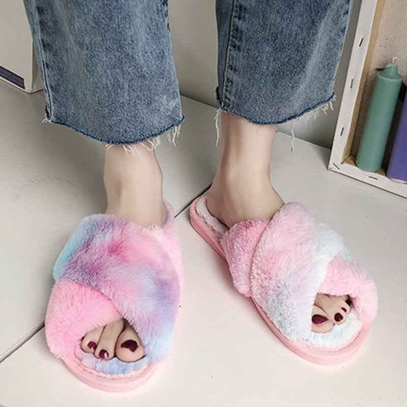Multi-color Women Fluffy Slipper Shoes Winter Cross-tie Plush Slippers Flat Shoes Warm Faux Fur Slipper Home Ladies Shoes