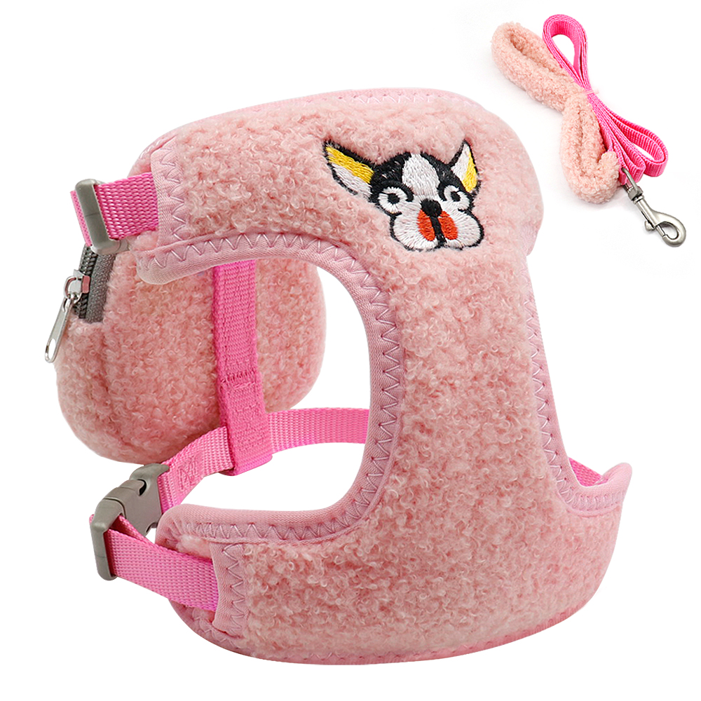 Lille hundesele snor med snackpose nylon chihuahua hvalpe kat sele bly flannel kæledyr mops seler til små mellemstore hunde: Lyserød / M