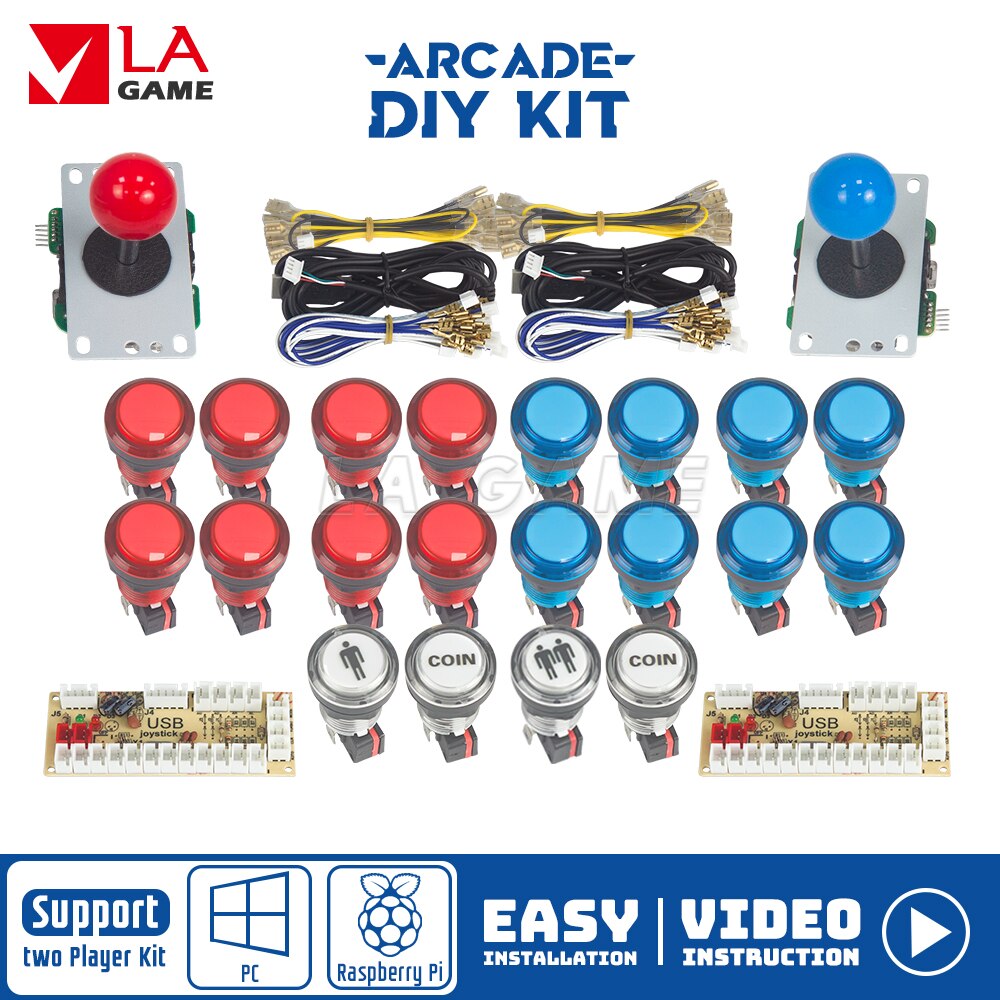 Kit Arcade 2 Speler Nul Vertraging Mando Arcade Usb Encoder Om Pc Rasberry Pi 33Mm Led Drukknop Joystick usb Arcade Kast: Red and blue