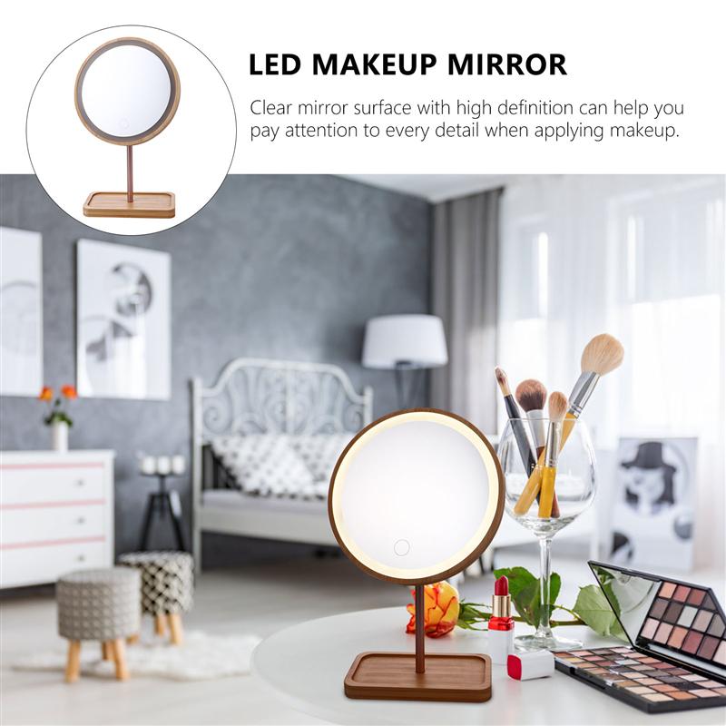 Miroir de maquillage en bois avec dessus de table pivotant à 90 °, miroir de vanité LED