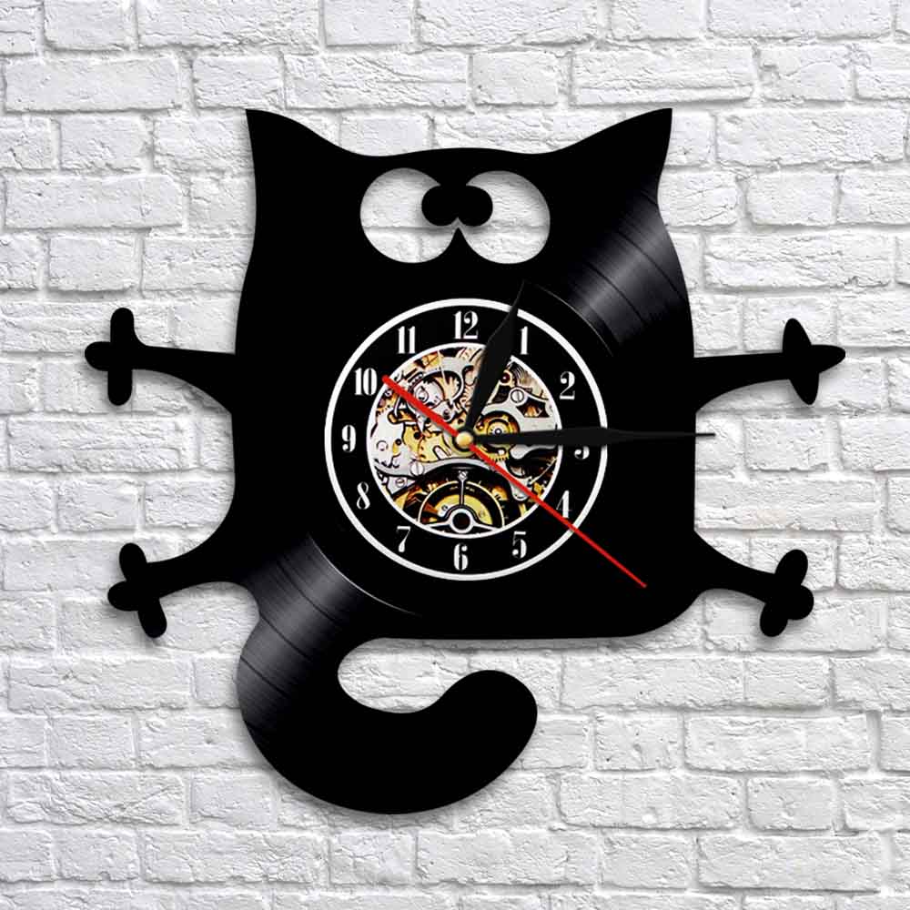 Cat Meow Wall Clock Funny Black Cat Home Decor Modern Vinyl Record Wall Clock Kitten Decorative Clock For Kitty Cat Lovers