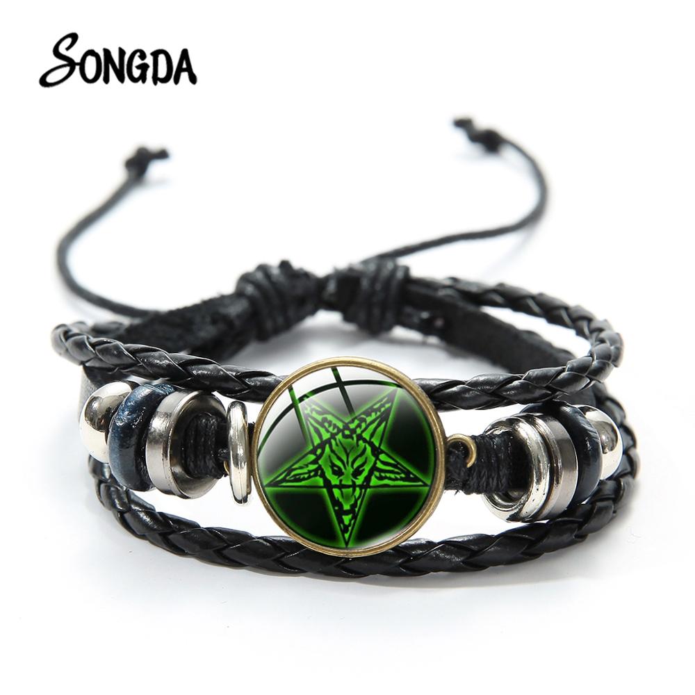 Neue Punk Teufel Satan Ziege Kopf Baphomet Leder Armbinde Jahrgang Invertiert Pentagramm Githic aufbringen Glas Cabochon Charme Armbinde