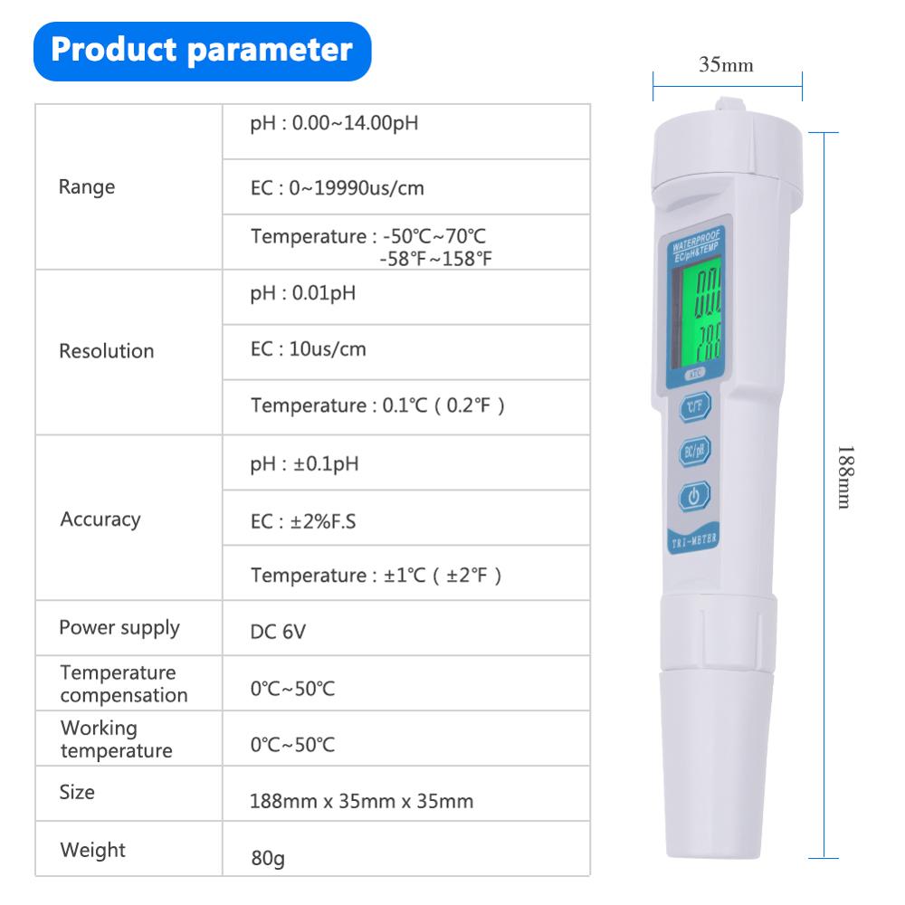 3-in-1 PH Water Test Pen with Replaceable probe PH/EC/TEMP Acidity Meter Drinking Water Analyzer