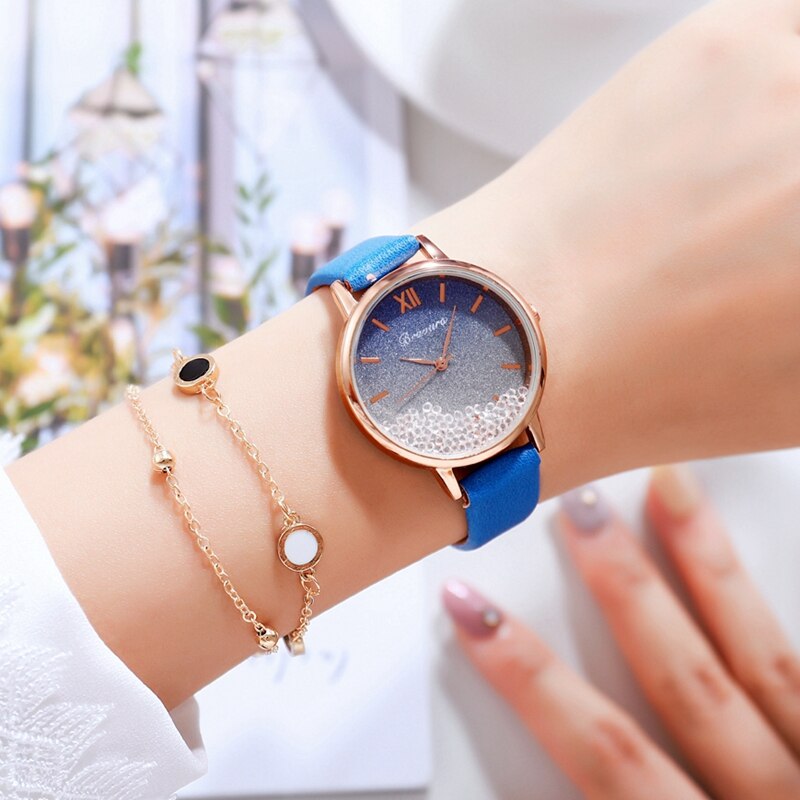 Scroll diamant dames casual leren dameshorloge quartz polshorloge sterrenhemel damesklok reloj mujer relogio feminino: Blauwe set