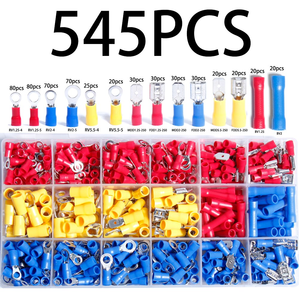 Terminals Connector Electrical Spade Ring Mixed Lug Cable wire car Crimped general pressure Round Plug cold pressing fast spring: 545PCS