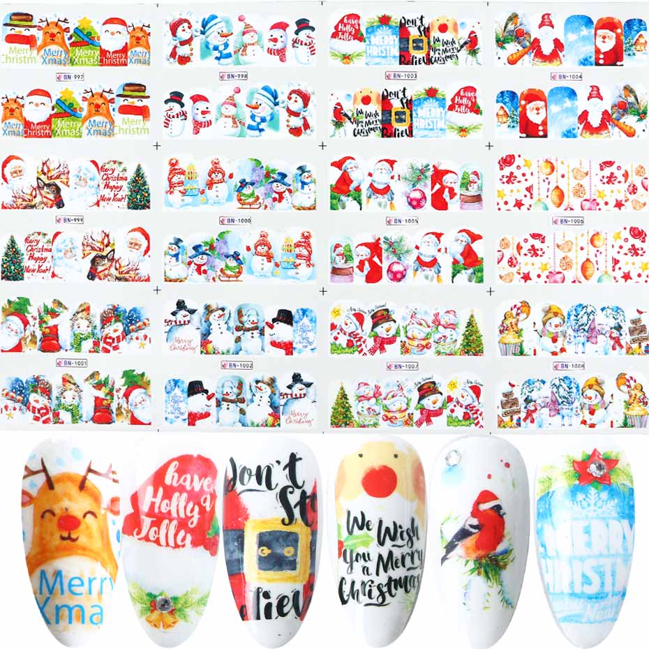 12 st jul nagelklistermärken set santa älg snögubbe vattenöverföringsreglage för naglar tecknad vinter år manikyr jibn/a -1: Bn997-1008