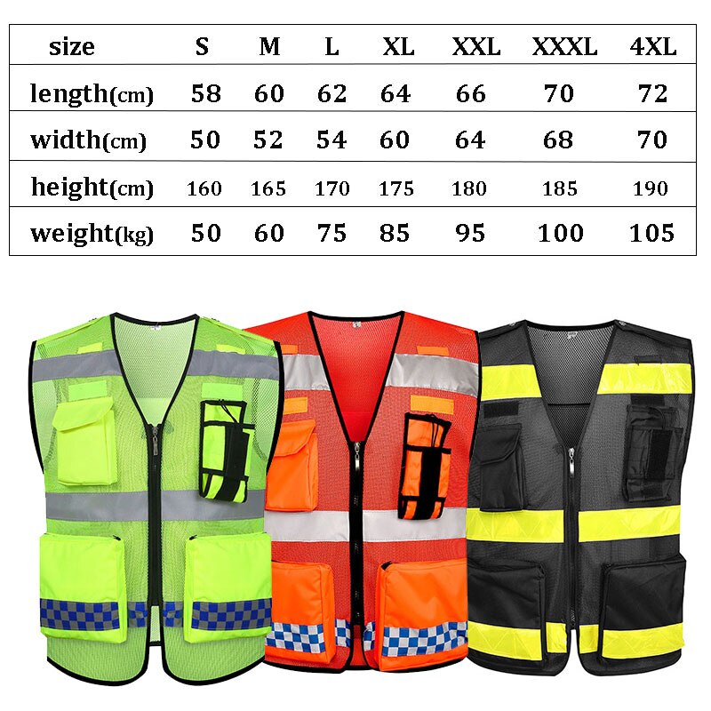 Multi-Pockets Reflective Safety Zipper Front Vest High Visibility ANSI Class Plus Size S-4XL
