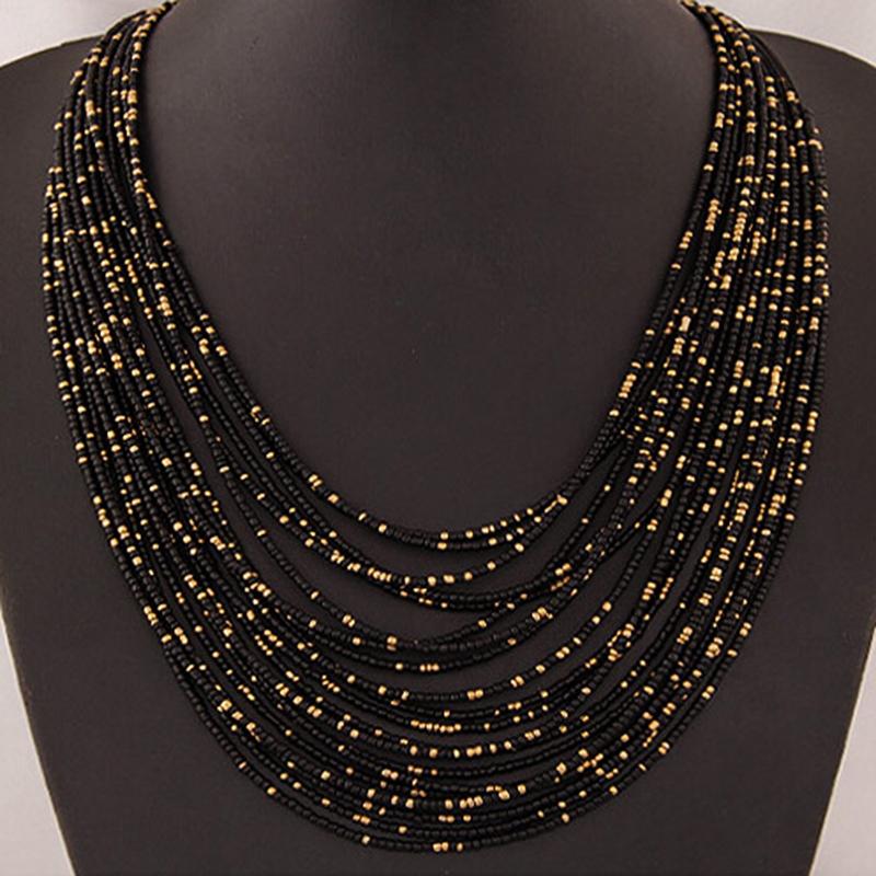 Bohemia Necklace For Women Brand ZA Exaggerated Luxury Multilayer Beads Statement Choker Chunky Necklace: Black