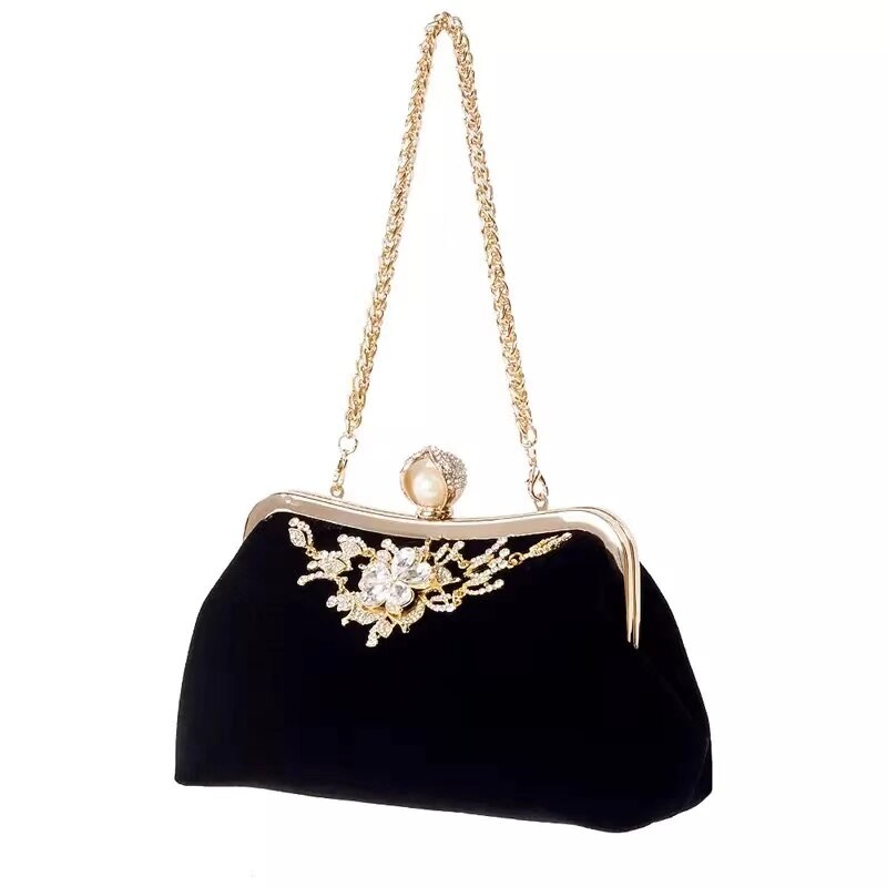 Fluwelen Avond Clutch Bag Vrouwen Diamanten Parel Portemonnee Vintage Crystal Flower Wedding Party Bruid Handtas Voor Lady Black B358